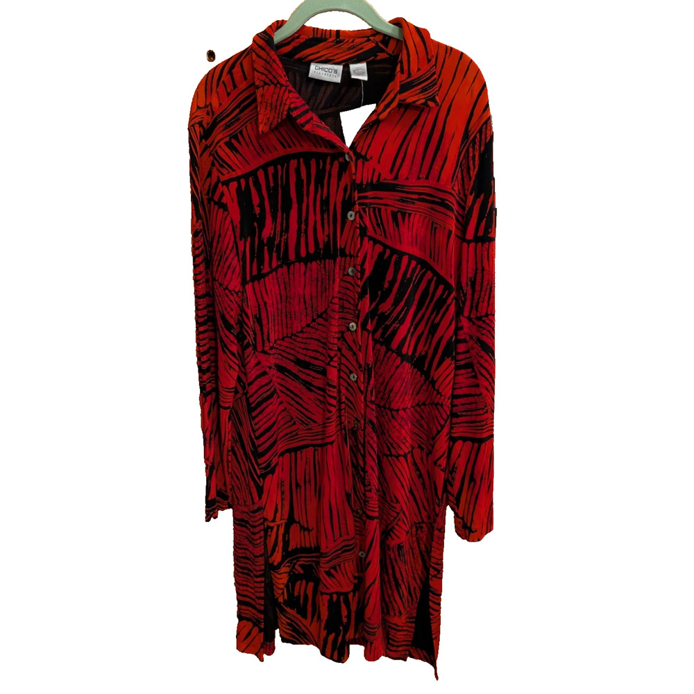 NEW Chicos Travelers Long Shirt Dress Animal‎ Print Red Black Chicos Size 2 NWT